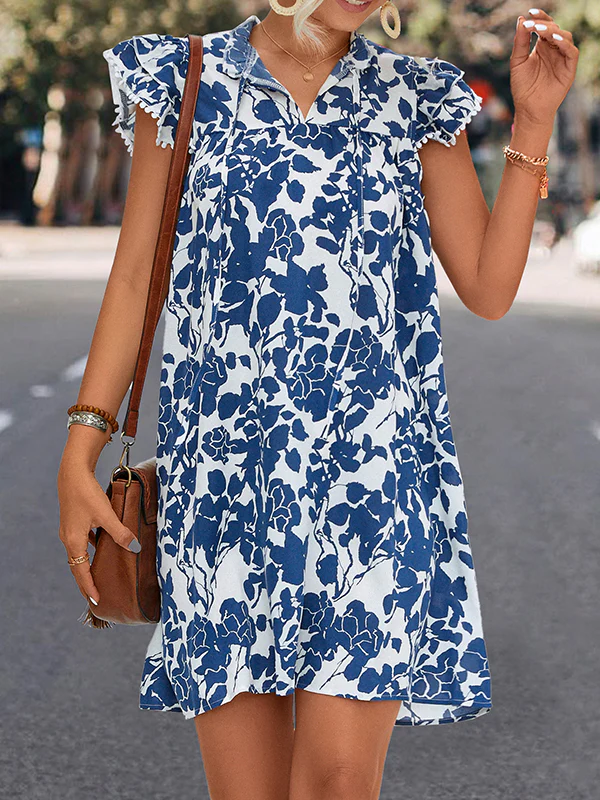 A-Line Ruffle Sleeves Printed Split-Joint Tied V-Neck Mini Dresses - Image 6
