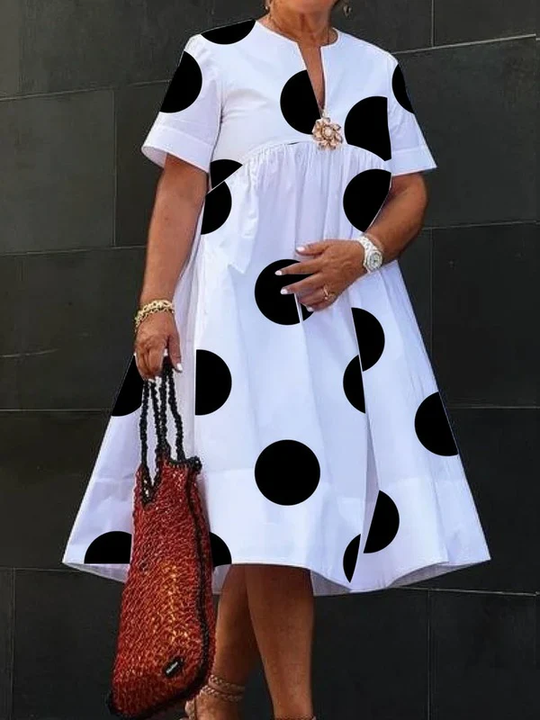 A-Line Short Sleeves Pleated Polka-Dot Printed Split-Joint Round-Neck Midi Dresses