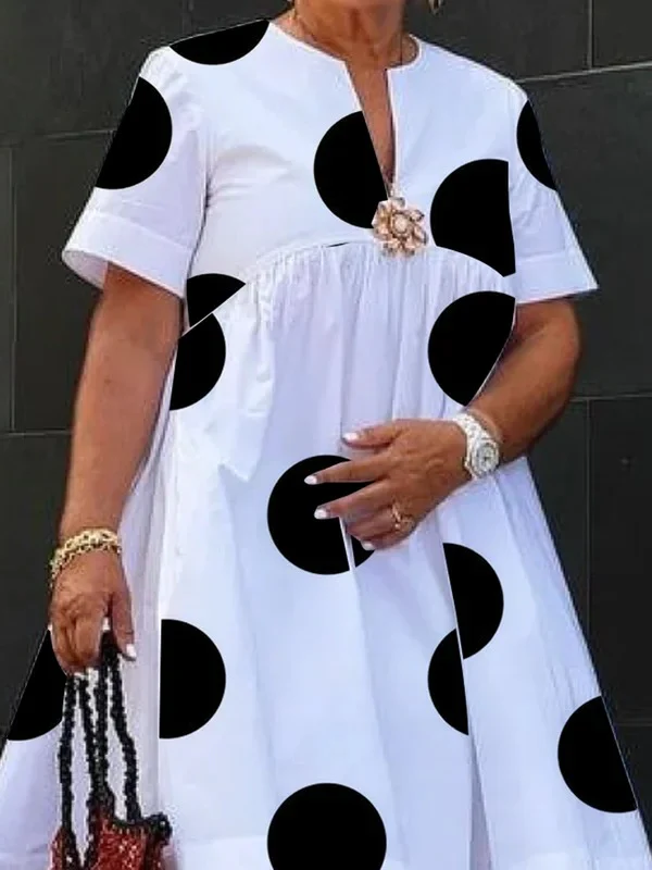 A-Line Short Sleeves Pleated Polka-Dot Printed Split-Joint Round-Neck Midi Dresses - Image 2