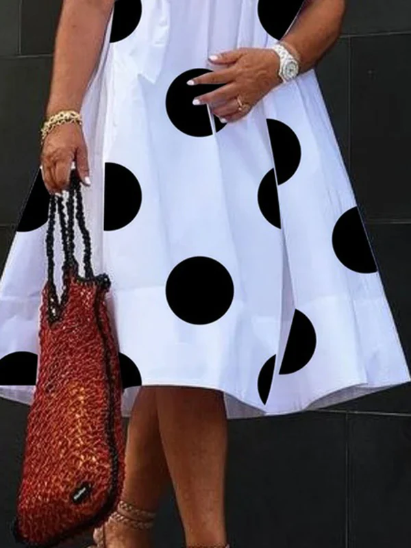 A-Line Short Sleeves Pleated Polka-Dot Printed Split-Joint Round-Neck Midi Dresses - Image 3