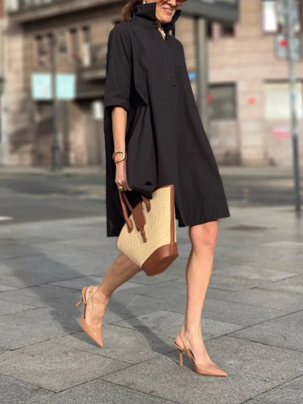 A-Line Short Sleeves Solid Color Split-Joint Lapel Mini Dresses Shirt Dress - Image 10