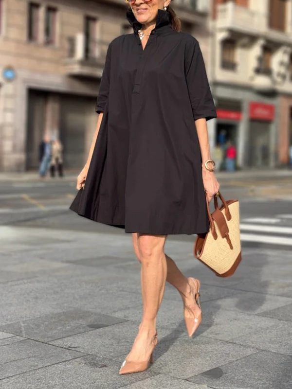 A-Line Short Sleeves Solid Color Split-Joint Lapel Mini Dresses Shirt Dress - Image 12
