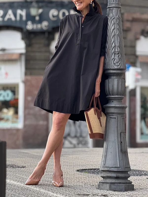 A-Line Short Sleeves Solid Color Split-Joint Lapel Mini Dresses Shirt Dress - Image 15