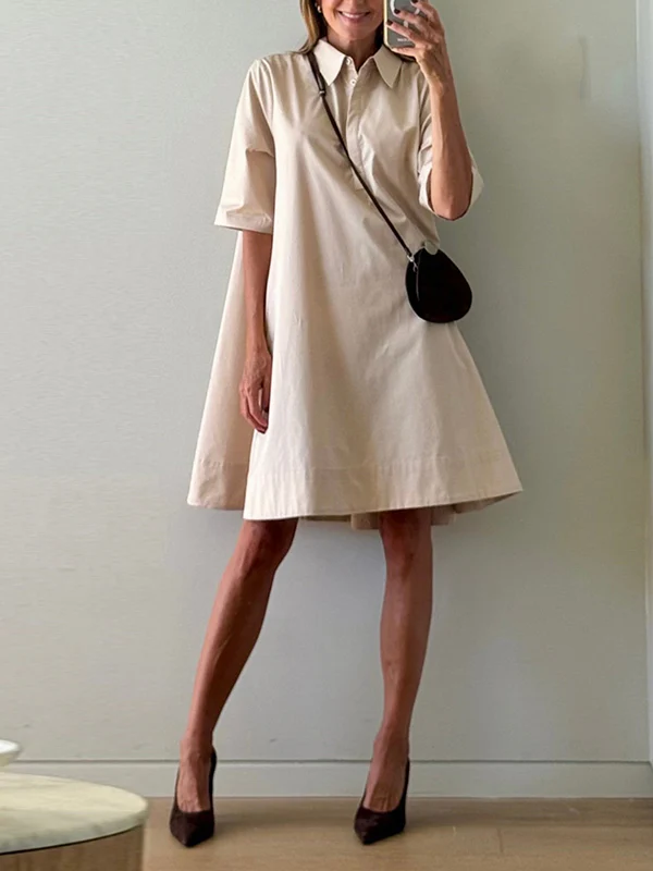 A-Line Short Sleeves Solid Color Split-Joint Lapel Mini Dresses Shirt Dress - Image 16