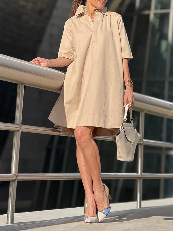 A-Line Short Sleeves Solid Color Split-Joint Lapel Mini Dresses Shirt Dress - Image 17