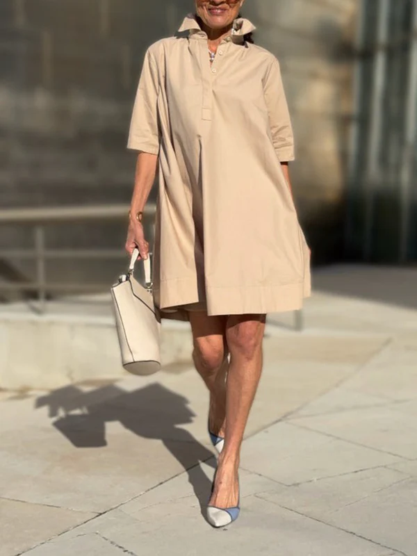 A-Line Short Sleeves Solid Color Split-Joint Lapel Mini Dresses Shirt Dress - Image 18