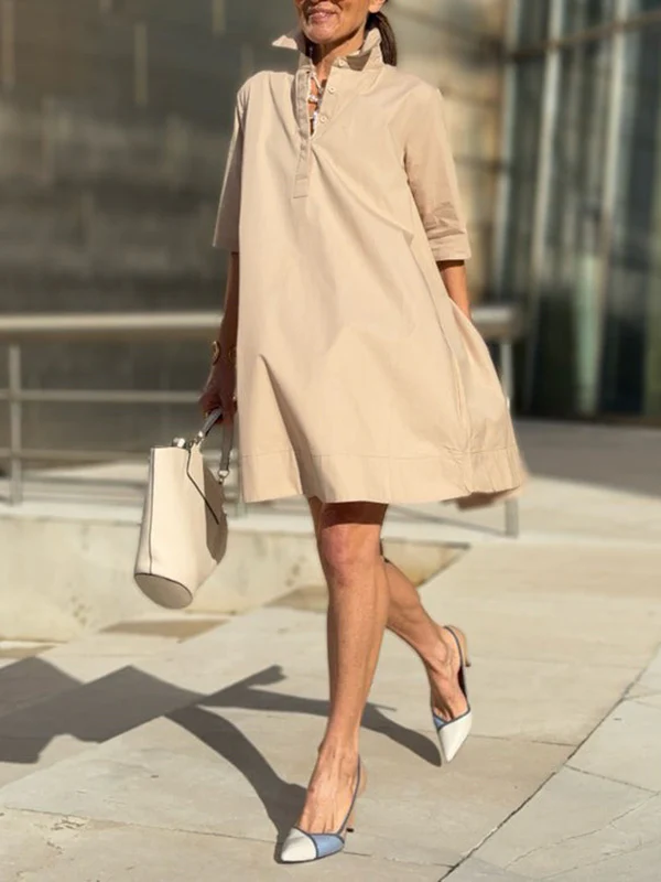A-Line Short Sleeves Solid Color Split-Joint Lapel Mini Dresses Shirt Dress - Image 19