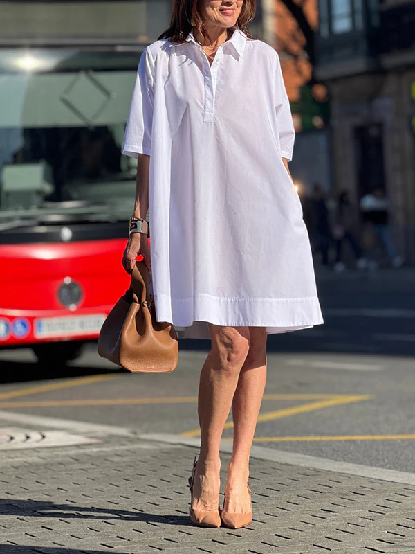 A-Line Short Sleeves Solid Color Split-Joint Lapel Mini Dresses Shirt Dress - Image 2