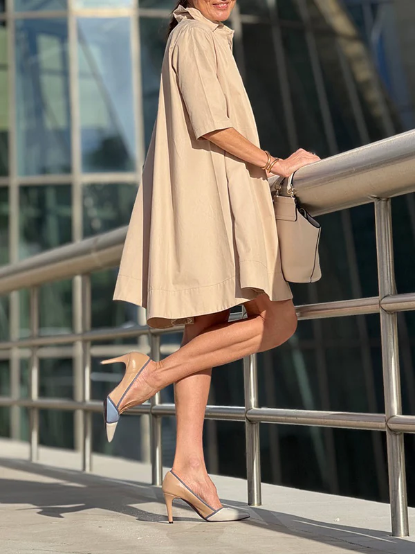 A-Line Short Sleeves Solid Color Split-Joint Lapel Mini Dresses Shirt Dress - Image 20
