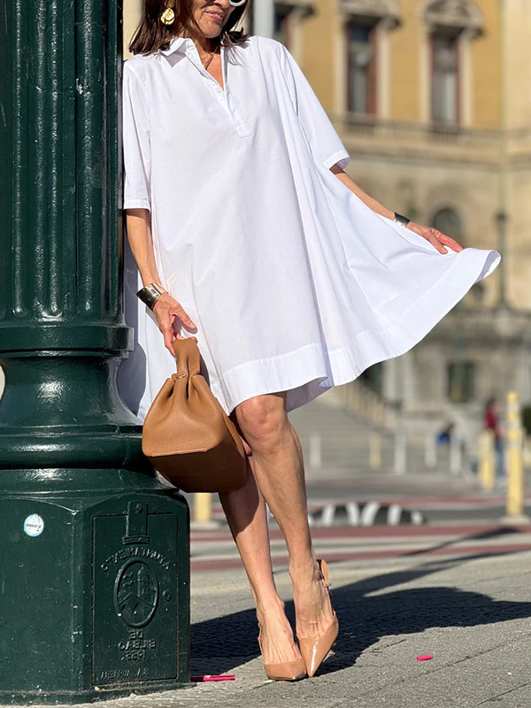 A-Line Short Sleeves Solid Color Split-Joint Lapel Mini Dresses Shirt Dress - Image 4