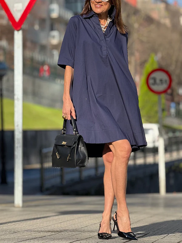 A-Line Short Sleeves Solid Color Split-Joint Lapel Mini Dresses Shirt Dress - Image 7