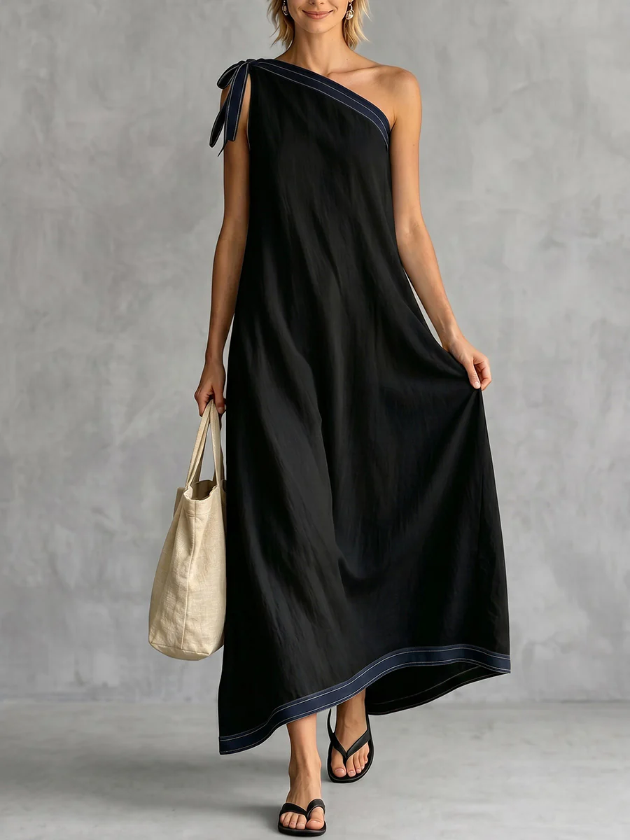 A-Line Sleeveless Asymmetric Contrast Color One-Shoulder Maxi Dresses - Image 2