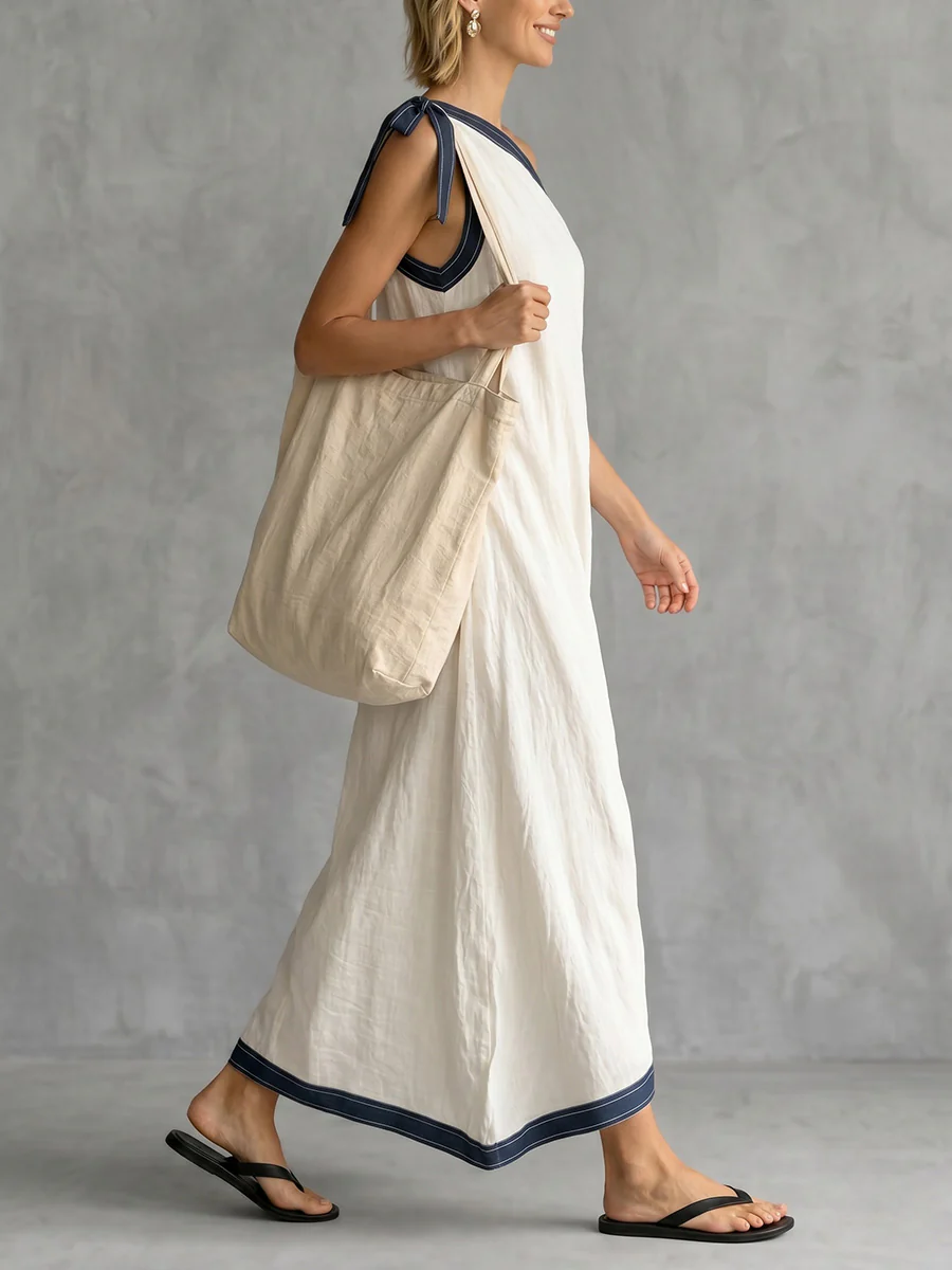 A-Line Sleeveless Asymmetric Contrast Color One-Shoulder Maxi Dresses - Image 3