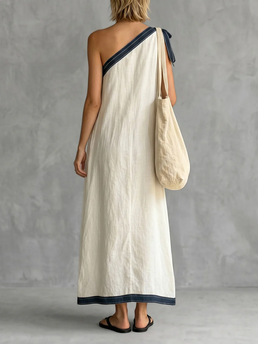 A-Line Sleeveless Asymmetric Contrast Color One-Shoulder Maxi Dresses - Image 4