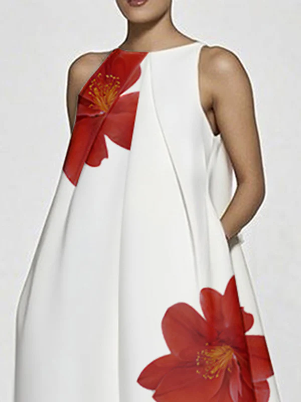 A-Line Sleeveless Asymmetric Floral Printed Split-Joint Round-Neck Maxi Dresses - Image 2