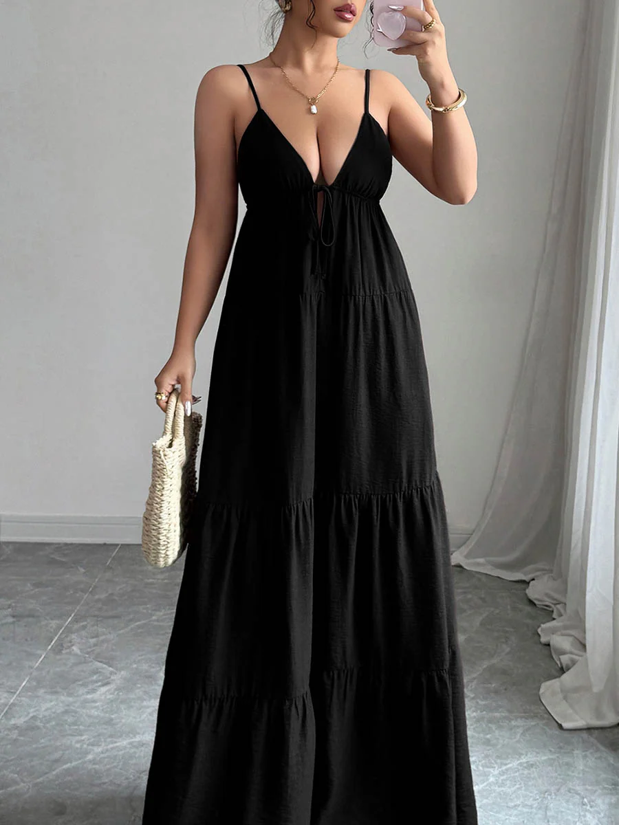 A-Line Sleeveless Backless Drawstring Pleated Solid Color Spaghetti-Neck Maxi Dresses - Image 10