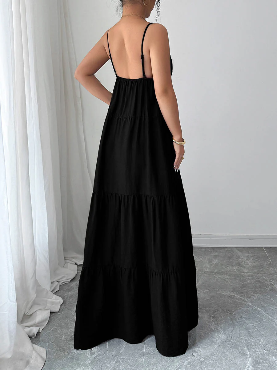 A-Line Sleeveless Backless Drawstring Pleated Solid Color Spaghetti-Neck Maxi Dresses - Image 11