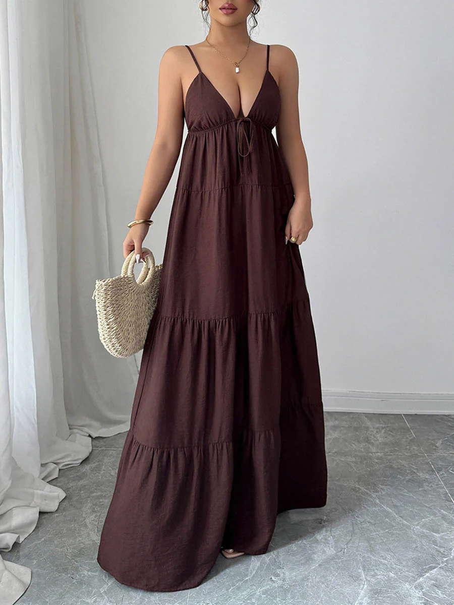 A-Line Sleeveless Backless Drawstring Pleated Solid Color Spaghetti-Neck Maxi Dresses - Image 12
