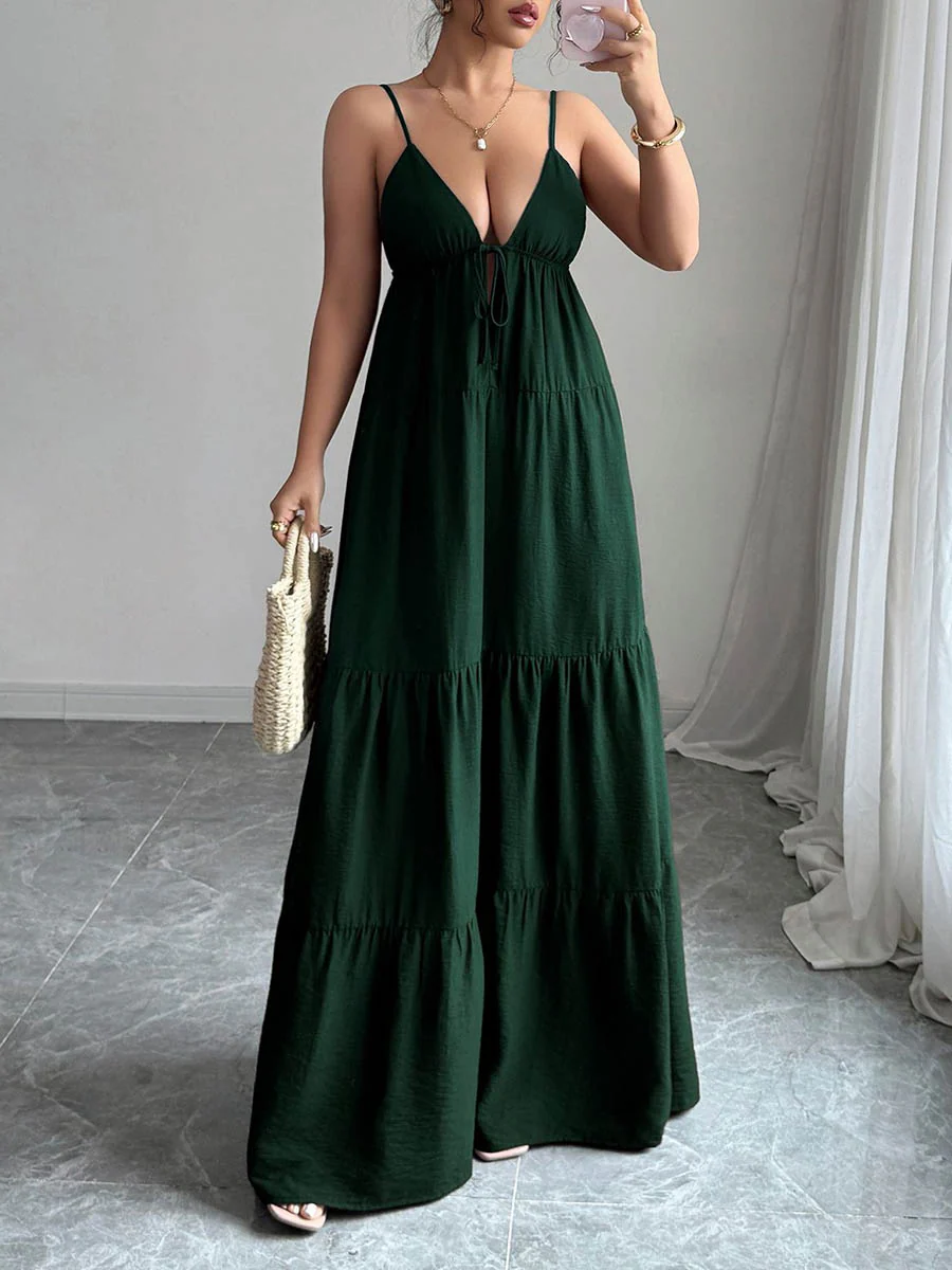 A-Line Sleeveless Backless Drawstring Pleated Solid Color Spaghetti-Neck Maxi Dresses - Image 2
