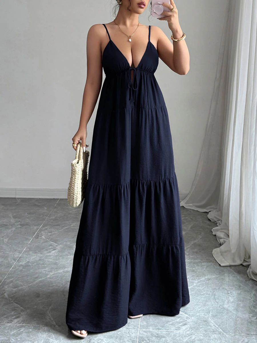 A-Line Sleeveless Backless Drawstring Pleated Solid Color Spaghetti-Neck Maxi Dresses - Image 3