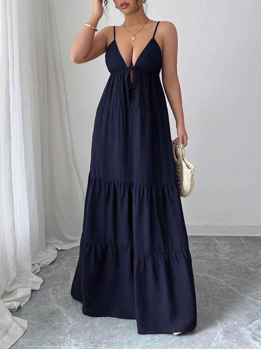 A-Line Sleeveless Backless Drawstring Pleated Solid Color Spaghetti-Neck Maxi Dresses - Image 4