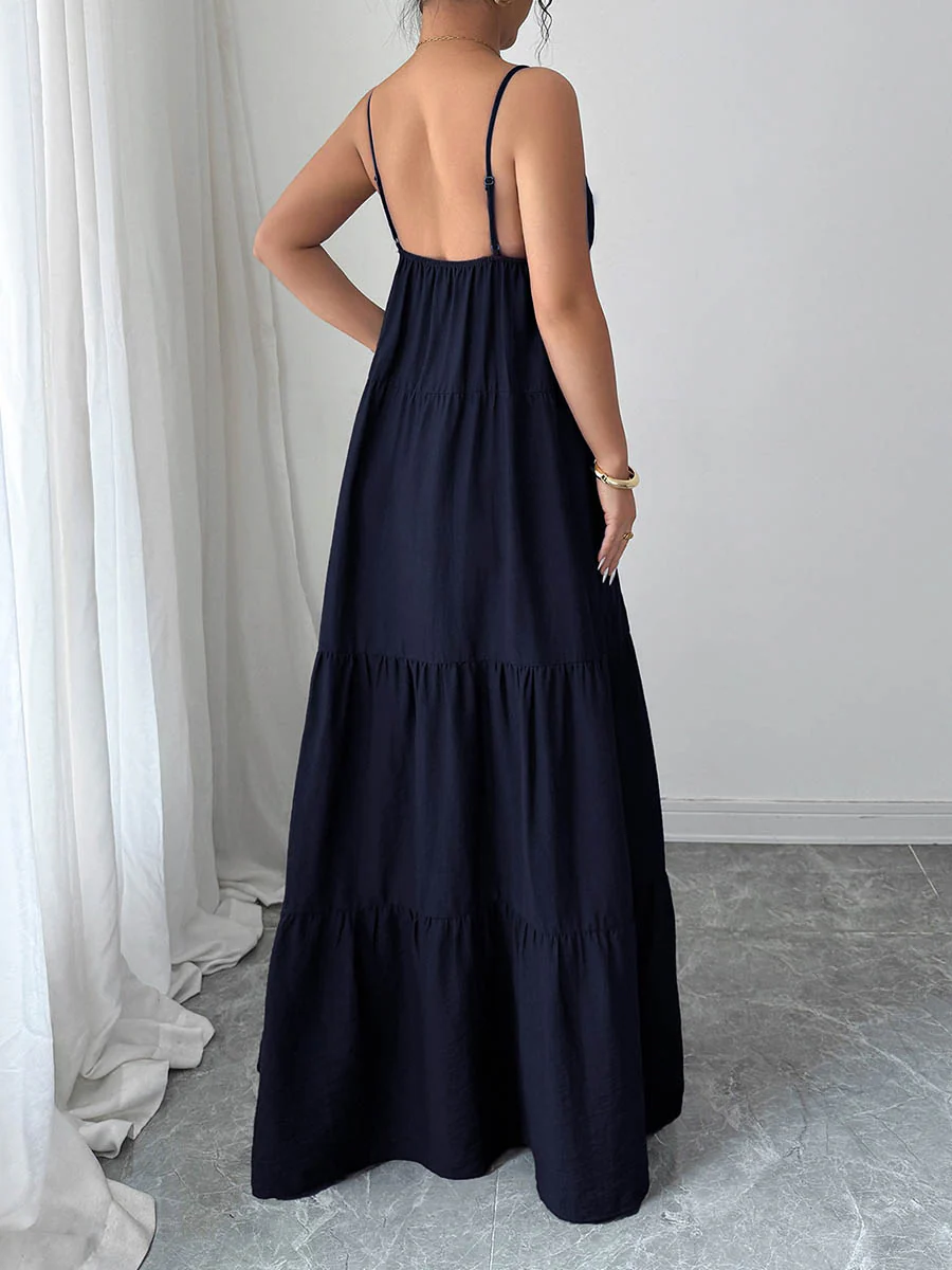 A-Line Sleeveless Backless Drawstring Pleated Solid Color Spaghetti-Neck Maxi Dresses - Image 5