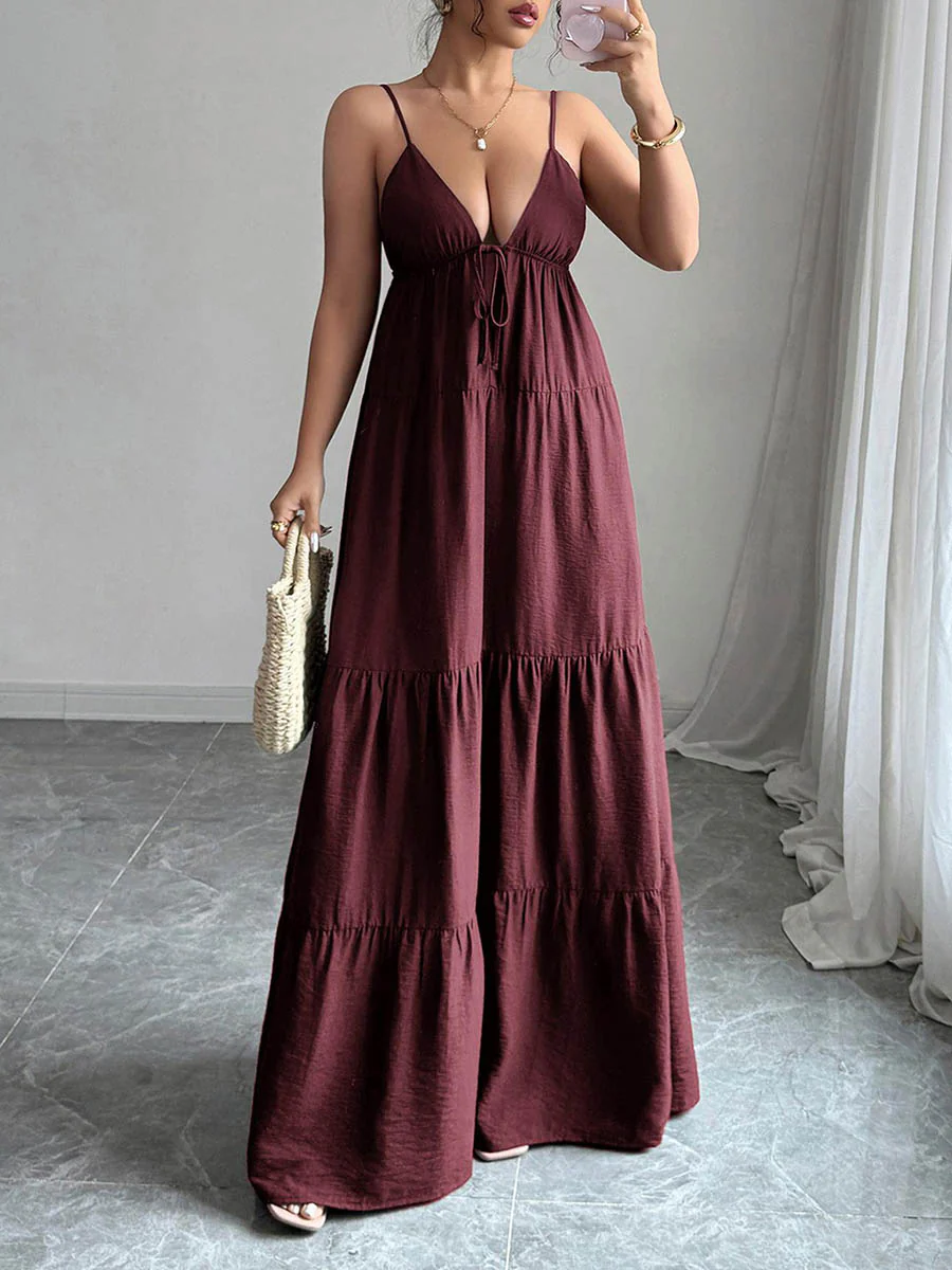 A-Line Sleeveless Backless Drawstring Pleated Solid Color Spaghetti-Neck Maxi Dresses - Image 6