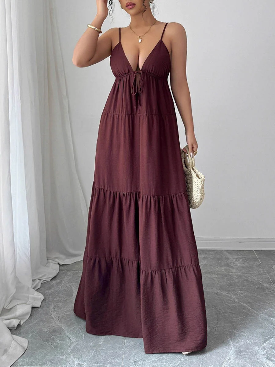 A-Line Sleeveless Backless Drawstring Pleated Solid Color Spaghetti-Neck Maxi Dresses - Image 7