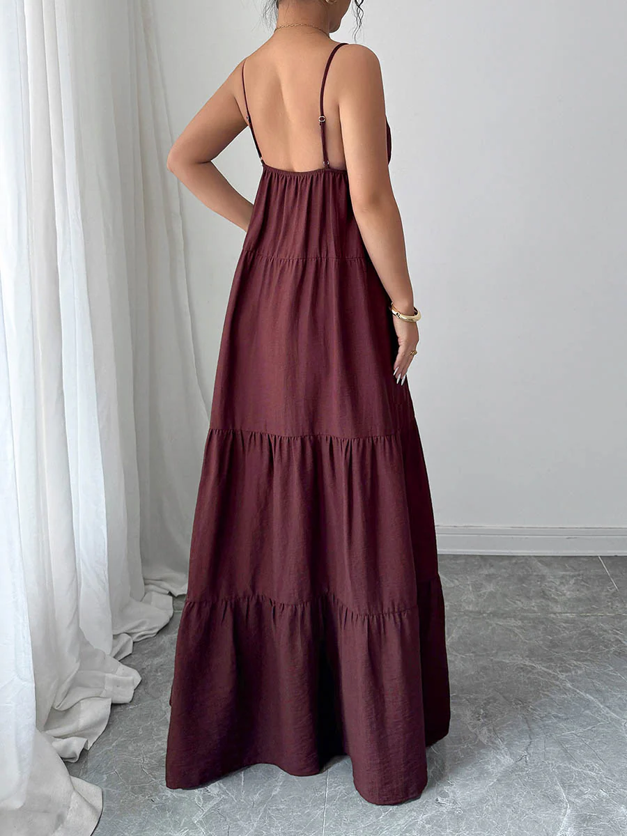 A-Line Sleeveless Backless Drawstring Pleated Solid Color Spaghetti-Neck Maxi Dresses - Image 8