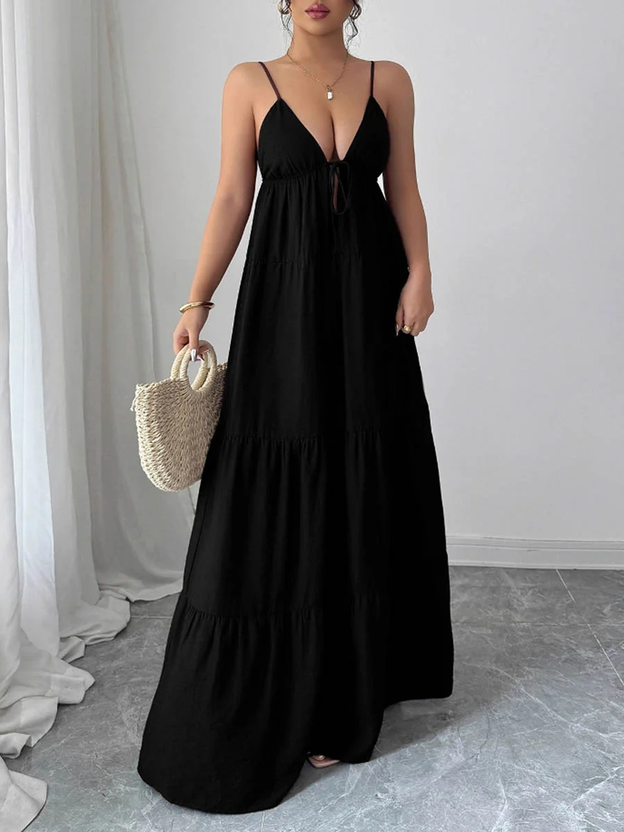 A-Line Sleeveless Backless Drawstring Pleated Solid Color Spaghetti-Neck Maxi Dresses - Image 9