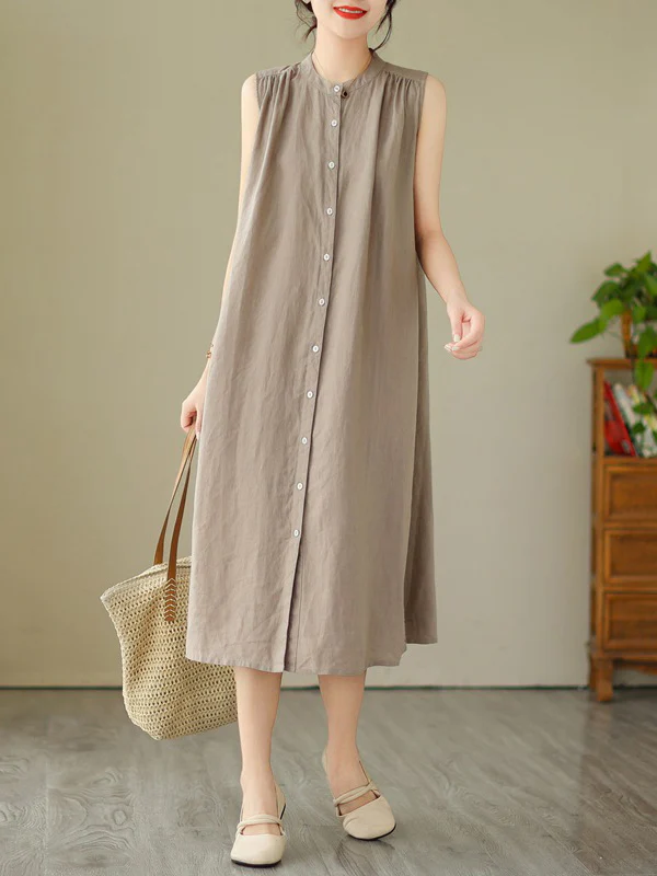 A-Line Sleeveless Buttoned Pleated Solid Color Round-Neck Midi Dresses - Image 10