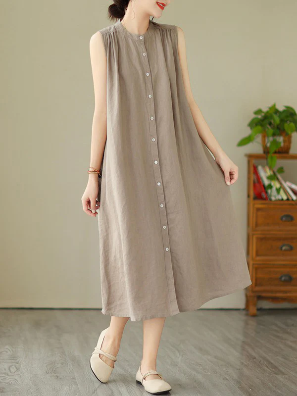 A-Line Sleeveless Buttoned Pleated Solid Color Round-Neck Midi Dresses - Image 11