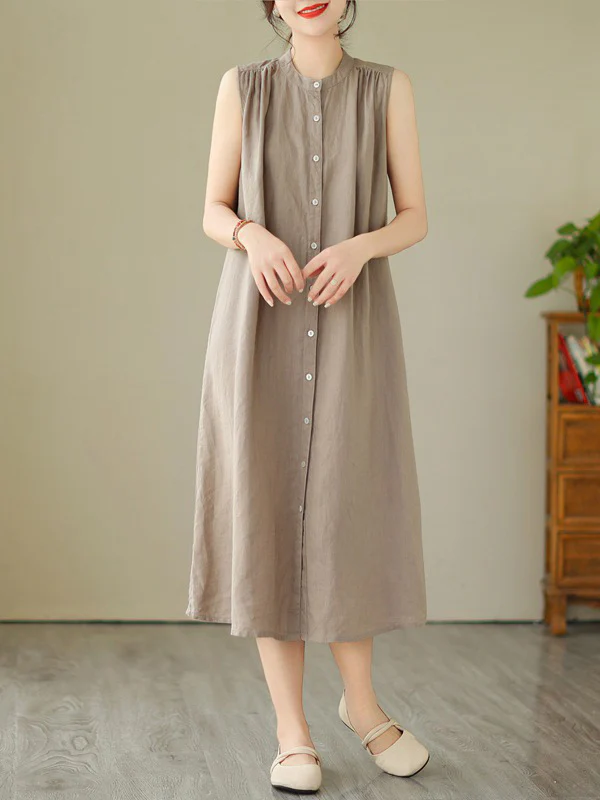 A-Line Sleeveless Buttoned Pleated Solid Color Round-Neck Midi Dresses - Image 12