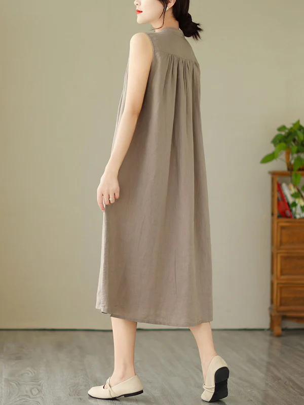 A-Line Sleeveless Buttoned Pleated Solid Color Round-Neck Midi Dresses - Image 13