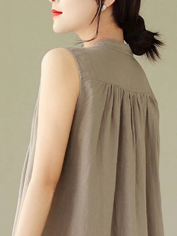 A-Line Sleeveless Buttoned Pleated Solid Color Round-Neck Midi Dresses - Image 14