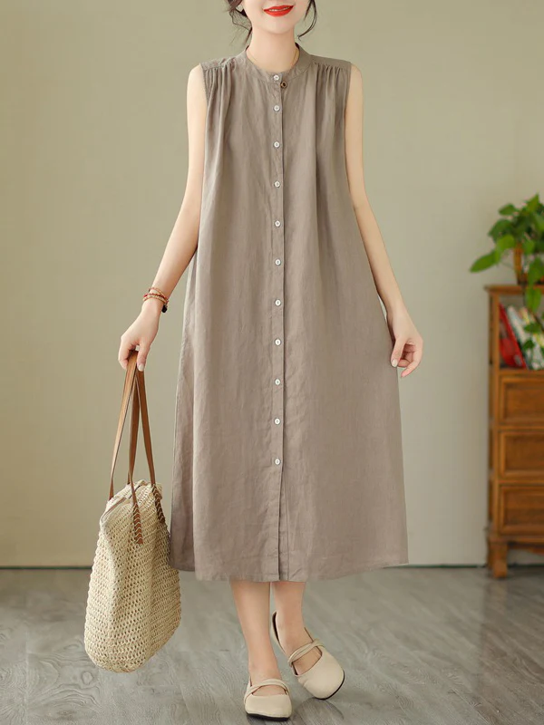 A-Line Sleeveless Buttoned Pleated Solid Color Round-Neck Midi Dresses - Image 2