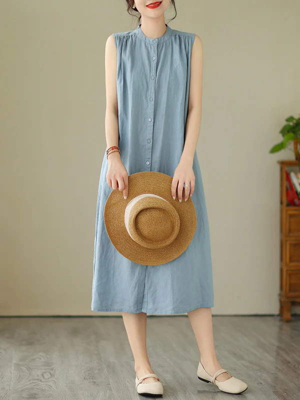 A-Line Sleeveless Buttoned Pleated Solid Color Round-Neck Midi Dresses - Image 3