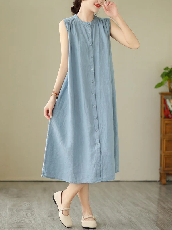 A-Line Sleeveless Buttoned Pleated Solid Color Round-Neck Midi Dresses - Image 4
