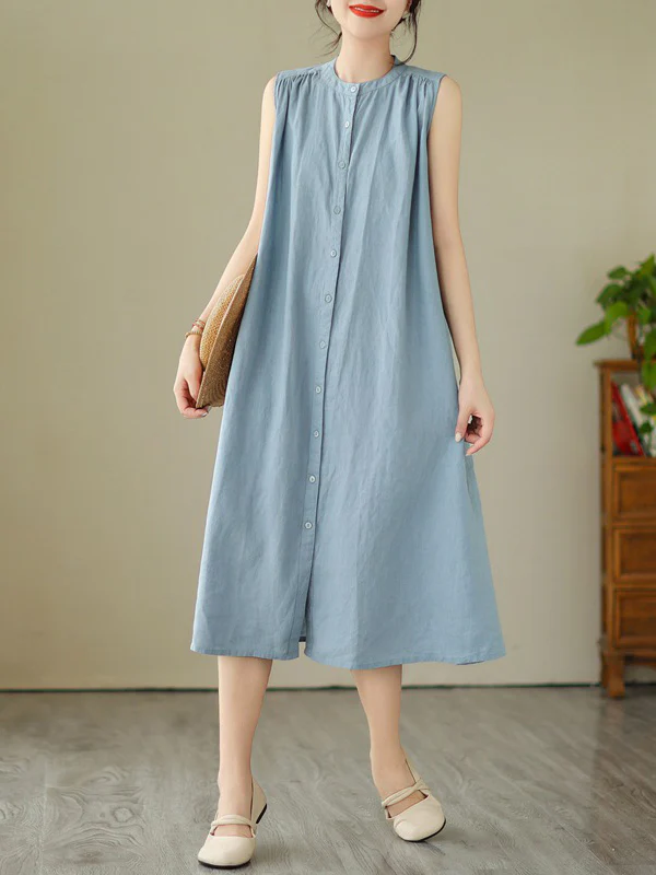 A-Line Sleeveless Buttoned Pleated Solid Color Round-Neck Midi Dresses - Image 5