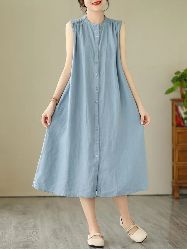 A-Line Sleeveless Buttoned Pleated Solid Color Round-Neck Midi Dresses - Image 6