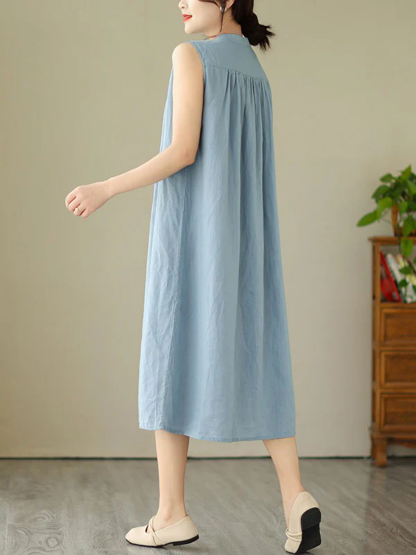 A-Line Sleeveless Buttoned Pleated Solid Color Round-Neck Midi Dresses - Image 7
