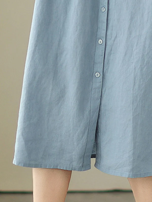A-Line Sleeveless Buttoned Pleated Solid Color Round-Neck Midi Dresses - Image 8