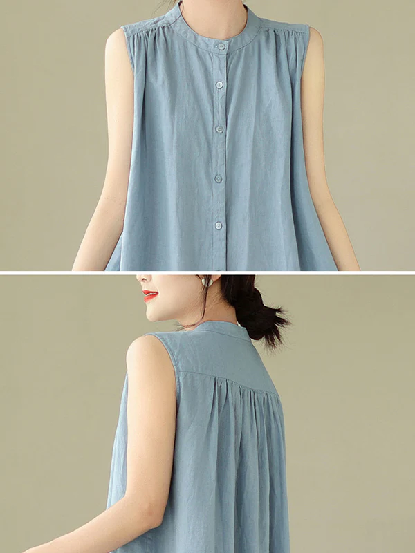 A-Line Sleeveless Buttoned Pleated Solid Color Round-Neck Midi Dresses - Image 9