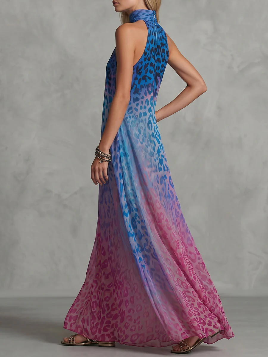 A-Line Sleeveless Contrast Color Leopard Pleated Printed Split-Joint Mock Neck Maxi Dresses - Image 2