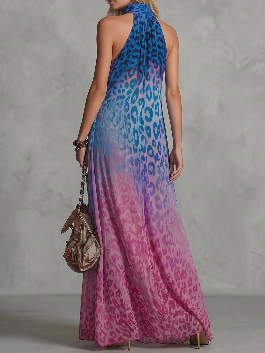 A-Line Sleeveless Contrast Color Leopard Pleated Printed Split-Joint Mock Neck Maxi Dresses - Image 3