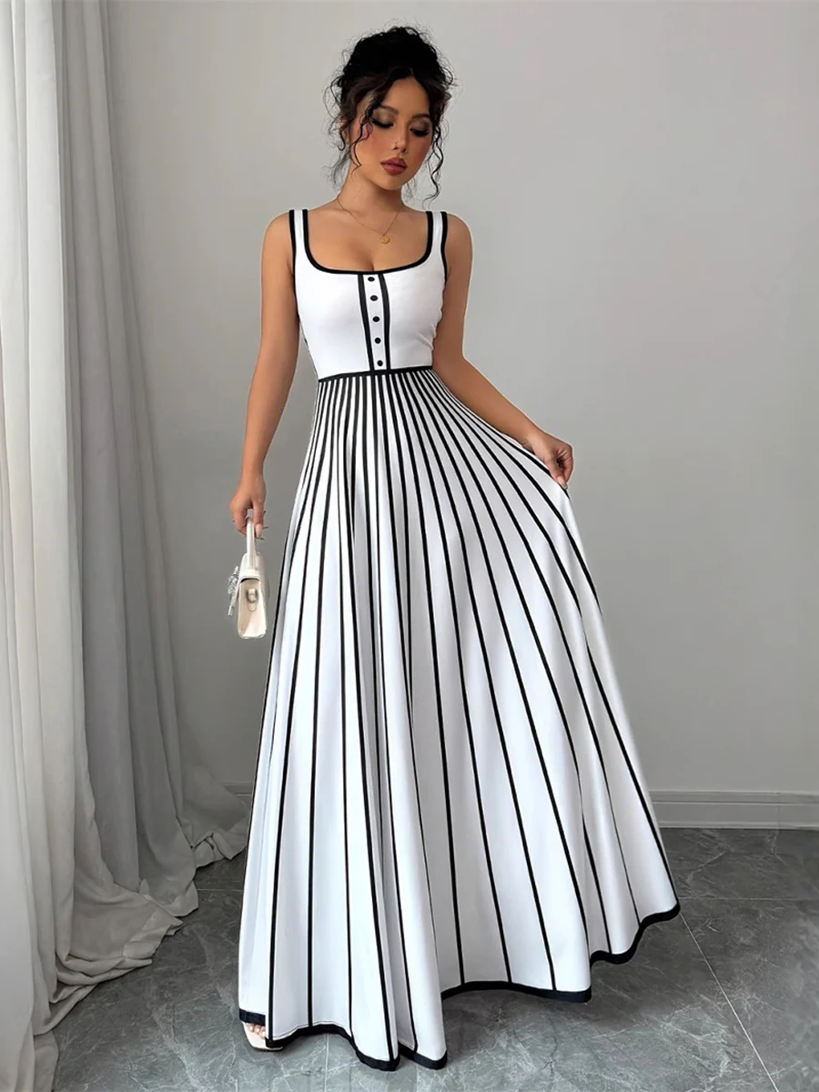 A-Line Sleeveless Contrast Color Pleated Split-Joint Striped Spaghetti-Neck Maxi Dresses - Image 2