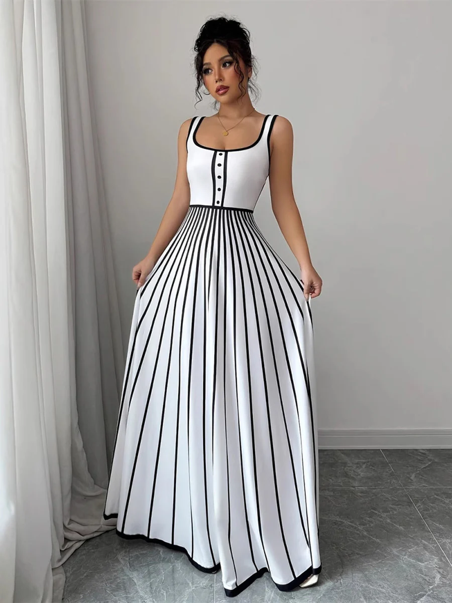 A-Line Sleeveless Contrast Color Pleated Split-Joint Striped Spaghetti-Neck Maxi Dresses - Image 3