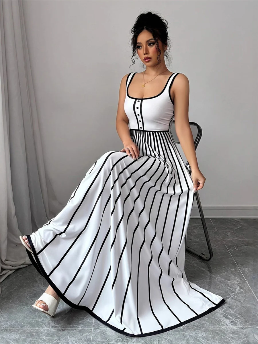 A-Line Sleeveless Contrast Color Pleated Split-Joint Striped Spaghetti-Neck Maxi Dresses - Image 4