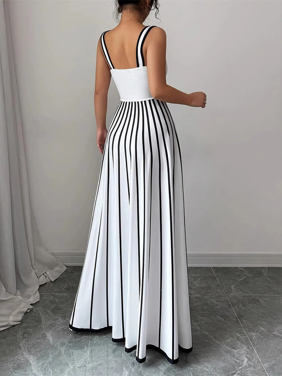 A-Line Sleeveless Contrast Color Pleated Split-Joint Striped Spaghetti-Neck Maxi Dresses - Image 5