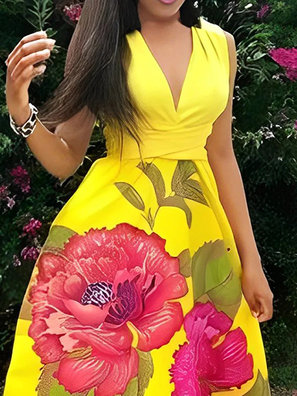 A-Line Sleeveless Flower Print Split-Joint V-Neck Maxi Dresses - Image 2